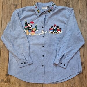 Vintage XL Blue Button-down Shirt with Penguin Embroidery, Holiday, Christmas